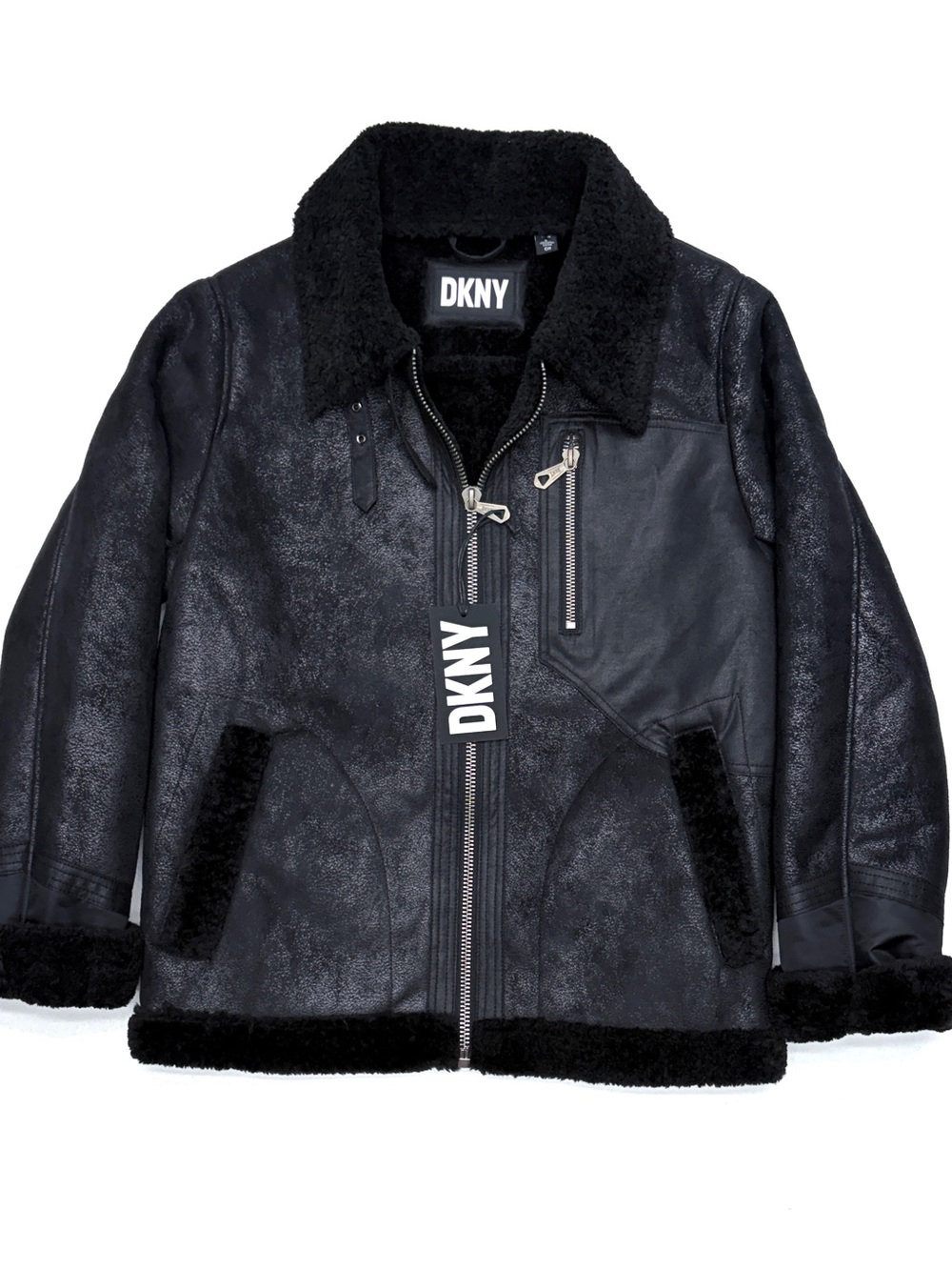 NWT DKNY Men's Faux Shearling Bomber Aviator Jacket Black Size S DX2MS893